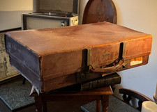 Antique Crescent Leather Suitcase Rustic Travel Case Vintage Display Prop