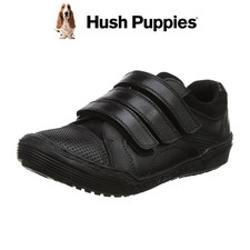 Hush Puppies Dom Boys Black Leather School Shoes Triple Hook & Loop Strap