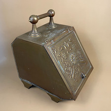 Antique Metal Brass Gold Coal Bucket Handle Fireside Scuttle Bin Lid Vintage