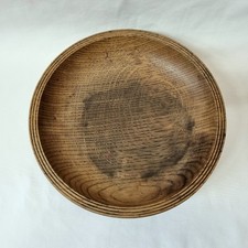 Vintage turned oak food bowl with incised decoration by Wood Craft trademark.