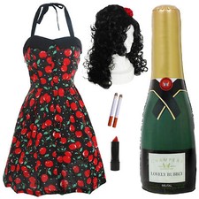ADULT WINEHOUSE COSTUME BEEHIVE WIG DRESS CHAMPAGNE 00'S MUSIC ICON FANCY DRESS