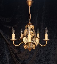 Pretty Vintage French 5 Arm Foliage Toleware Gilded Chandelier Light