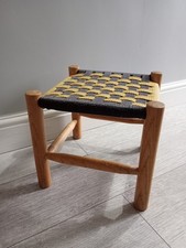 Vintage Rattan Brown & Cream Nylon Cord Woven Footstool 26.5cms X 27cms c1970's