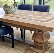 Large, grand extendable dining table, oak parquetry inlay top