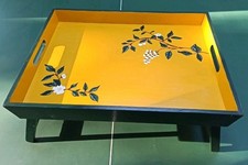 Vintage Large Wooden Oak Serving Tea Bed Tray Yellow Hand Painted Folding Legs