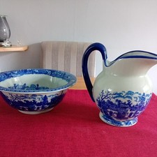 Vintage Victoria Ware Blue & White Ironstone Water Pitcher Jug & Basin Bowl Set