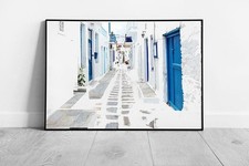 Street with Blue doors Mykonos Island in Greece Ready to Hang Wall Art Print