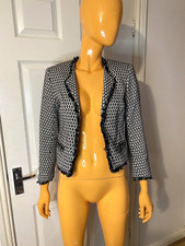 Topshop Ivory & Black Patterned Open Front Fringe Edges Short Blazer Size UK6