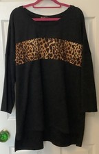 Frank Usher Top In Black with Leopard Print Front Panel Plus Size Used VGC