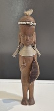 African Tribal Wooden Figure Hand Carved, Sculpture With Neck Rings  Skin Shield