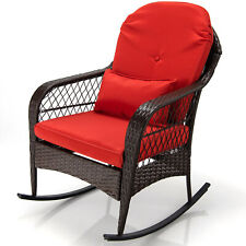 Outdoor Garden Rattan Furniture Set Wicker Metal Rocking Armchair w/Red Cushions