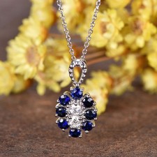 Blue Sapphire Cluster Pendant Necklace Diamond 14K White Gold Finish 18" Chain