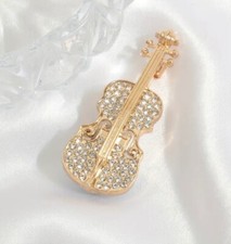Ladies Gold Diamonte Violin Pin Brooch
