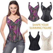Gothic Boned Corset Burlesque Basque Vest Top Costume Steampunk Bustier Tanks