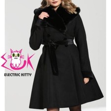 Hell Bunny Simone Swing Coat Jacket Black Faux Fur Collar Belted Retro PinUp NEW