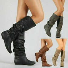 Ladies Mid Calf Boots Slouch Flat Extra Wide Calf Fit Boots Winter Shoes Size UK