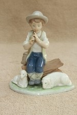 NAO by LLADRO FIGURINE " Shepherd Boy On Log Playing A Whistle With 2 Lambs"7994