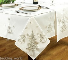 FESTIVE WHITE SILVER TABLE CLOTHS EMBROIDERED FIR TREE BELLS SNOW CHRISTMAS XMAS