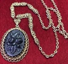 Antique Mourning Jewellery Stunning Carved Roses Large Pendant Necklace