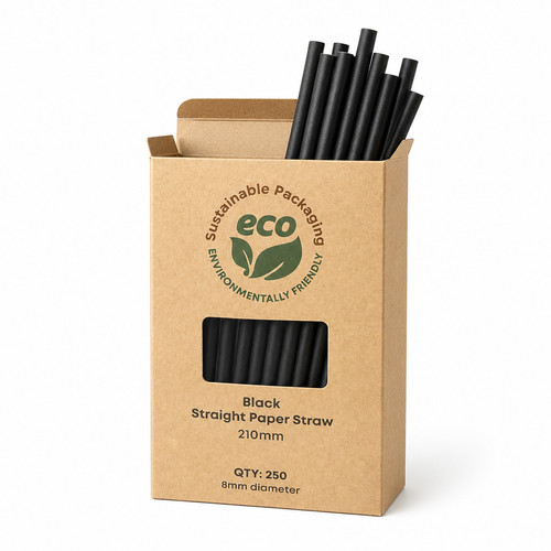 250x black paper straws 210mm - 250x,