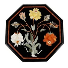 Floral Pattern Inlay Work Sofa Side Table Top Octagon Black Marble Coffee Table