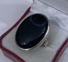 Sterling Silver 925 Large Oval Black Bulls Eye Agate Solitaire Ring Size R 1/2