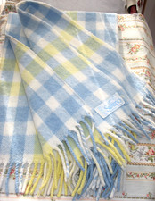 Baby Blanket Vintage Fringed SWANDO Pram Rug Crib Cover Pastel Check Blue Yellow