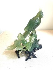 Exquisite highly Carved (Bowenite?) 6” Figural Flower Bird Sculpture, wood stand