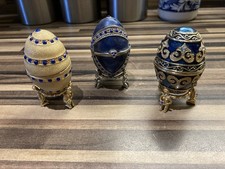 Set Of 3 Jewelled Small  Enamelled Eggs With Stands/magnetic Clasped Ornaments