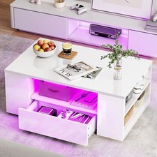High Gloss LED Coffee Table With Storage Wooden 2 Drawer Living Room Furniture