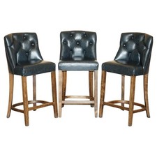 THREE VINTAGE GREEN LEATHER CHESTERFIELD TUFTED KITCHEN DINER BAR STOOLS