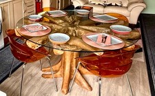 REDUCED Natural Teak Root Base, Glass Top Dining Table supplied with 150cm glass