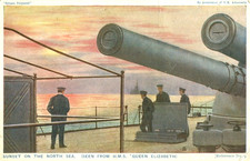 1910s postcard Sunset on the North Sea from Royal Navy ship HMS QUEEN ELIZABETH