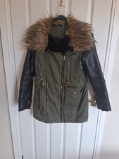 Select Khaki Faux Fur Trim Jacket With Faux Leather Sleeves Size 8