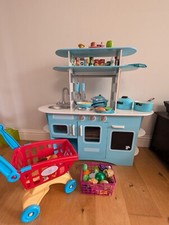 ELC Big Bundle Blue Wooden Play Kitchen With Trolley, Shopping Basket & Food 