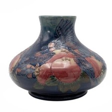 LARGE Moorcroft Sally Tuffin Finches and Fruit squat vase dated 1991 20 cm x 25