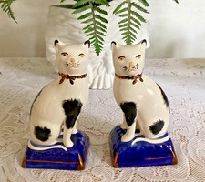 Antique Pair of Staffordshire Cats Hand Painted Black and White Figurines