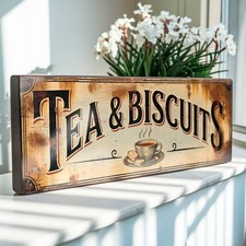 Tea and Biscuits Sign Vintage Style Kitchen Retro Cafe Tea Room Wood Wall Plaque