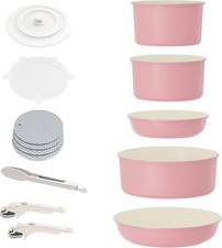 5Pcs Pink Pots Pans Set with Glass Lids & Detachable Handle Induction Safe