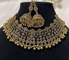 Indian Antique Gold Boho Jewellery Necklace Earrings Jhumka Set Beads Choker