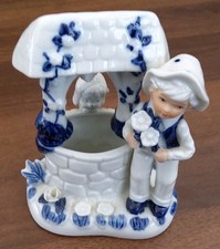 Vintage Delft Style Porcelain Blue White Boy & Puppy at Wishing Well Figurine