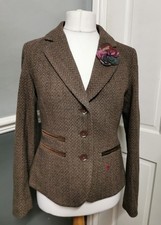 NESS Brown Herringbone Jacket Blazer with Detachable Brooch Excellent! Size 14