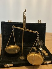 Vintage Portable Indian Brass Stamped Balance Scales Weights Velvet-Lined Case