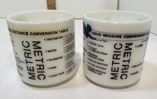 2 Vintage Milk Glass Metric Conversion Table Liquid & Area/Distance Coffee Cups