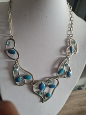 Statement Necklace In Enamel And Turquoise Stone Cabochons With Long Linkchain.