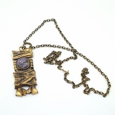 Sarpaneva Finland Bronze Amethyst Necklace Vintage Brutalist 24in Chain
