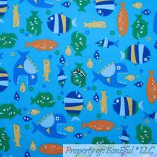 BonEful Fabric FQ Cotton Quilt Flannel VTG Aqua Blue Orange FISH Sea Ocean Water