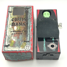 Vintage Yone Coffin Coin Bank Clockwork Tinplate Spooky Money Box Grabber VGC