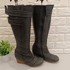 Womens Fly London Lake Black Rugged Leather Wedge Long Knee Boots Size 4 UK 37EU