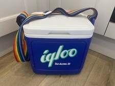 Vintage Igloo Tag Along 10 Cooler Box Blue And White With Rainbow Strap